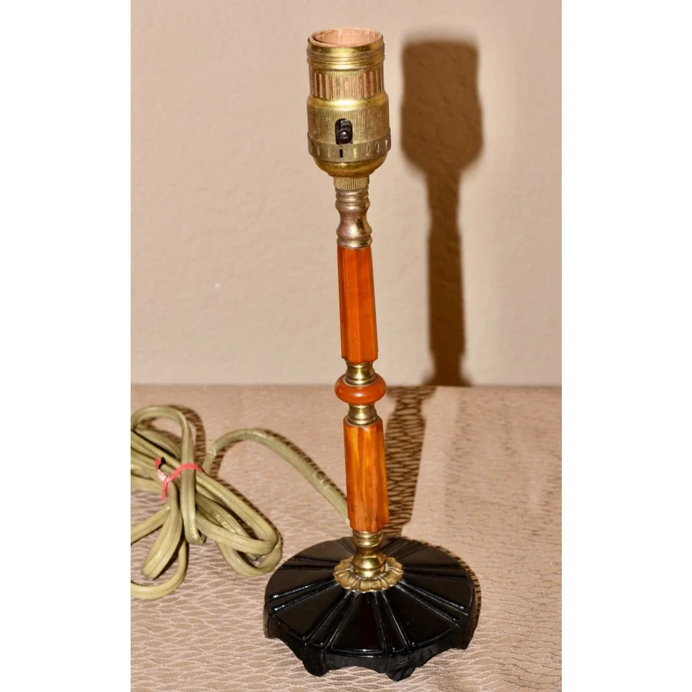 Alpine Art Deco Black Glass Butterscotch Bakelite and Brass Catalin Desk Lamp